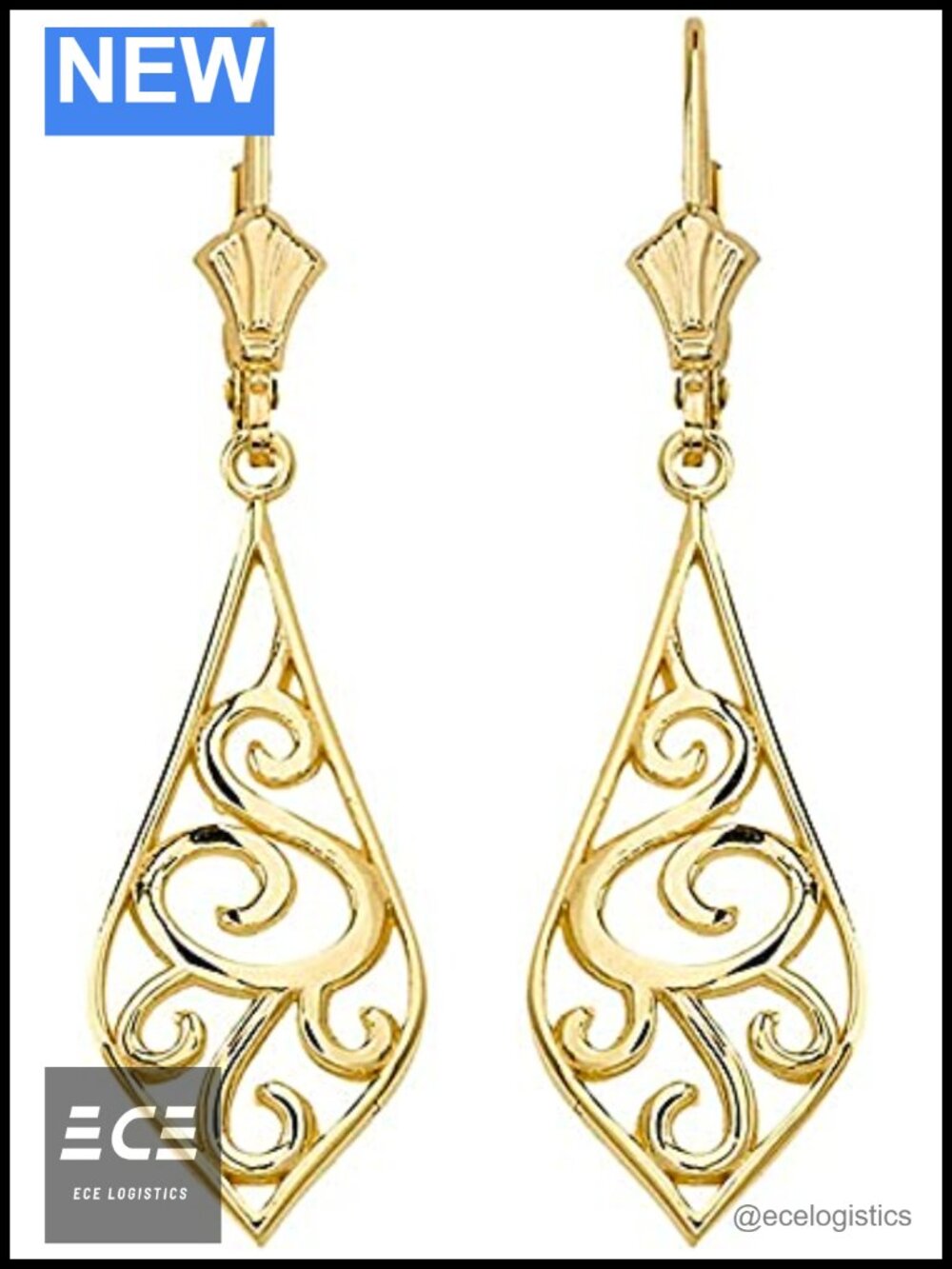 Solid 10K Gold Teardrop Dangle Leverback Earrings Art Nouveau